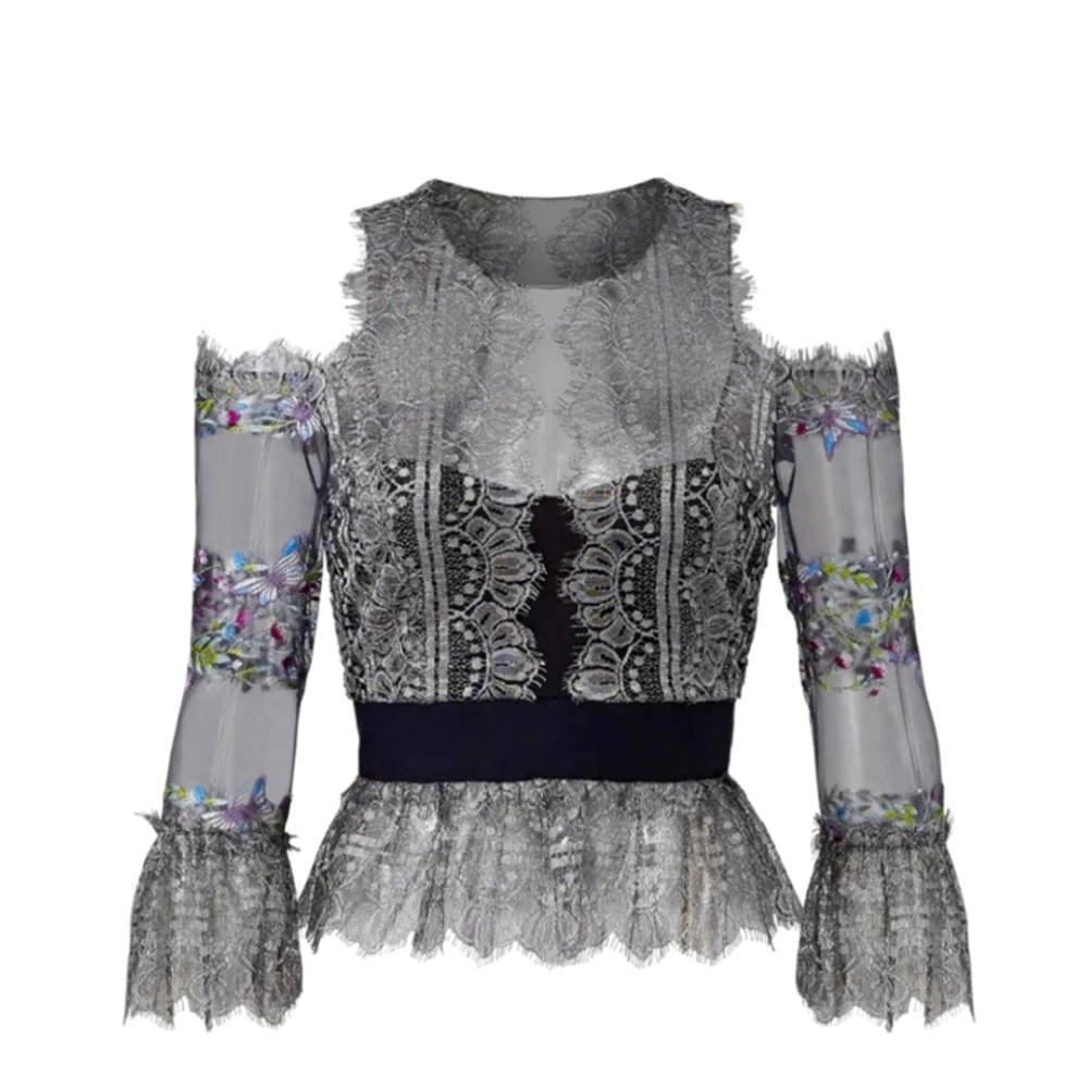 Marchesa Notte Embroidered Floral Butterfly Lace Dressy Blouse XS